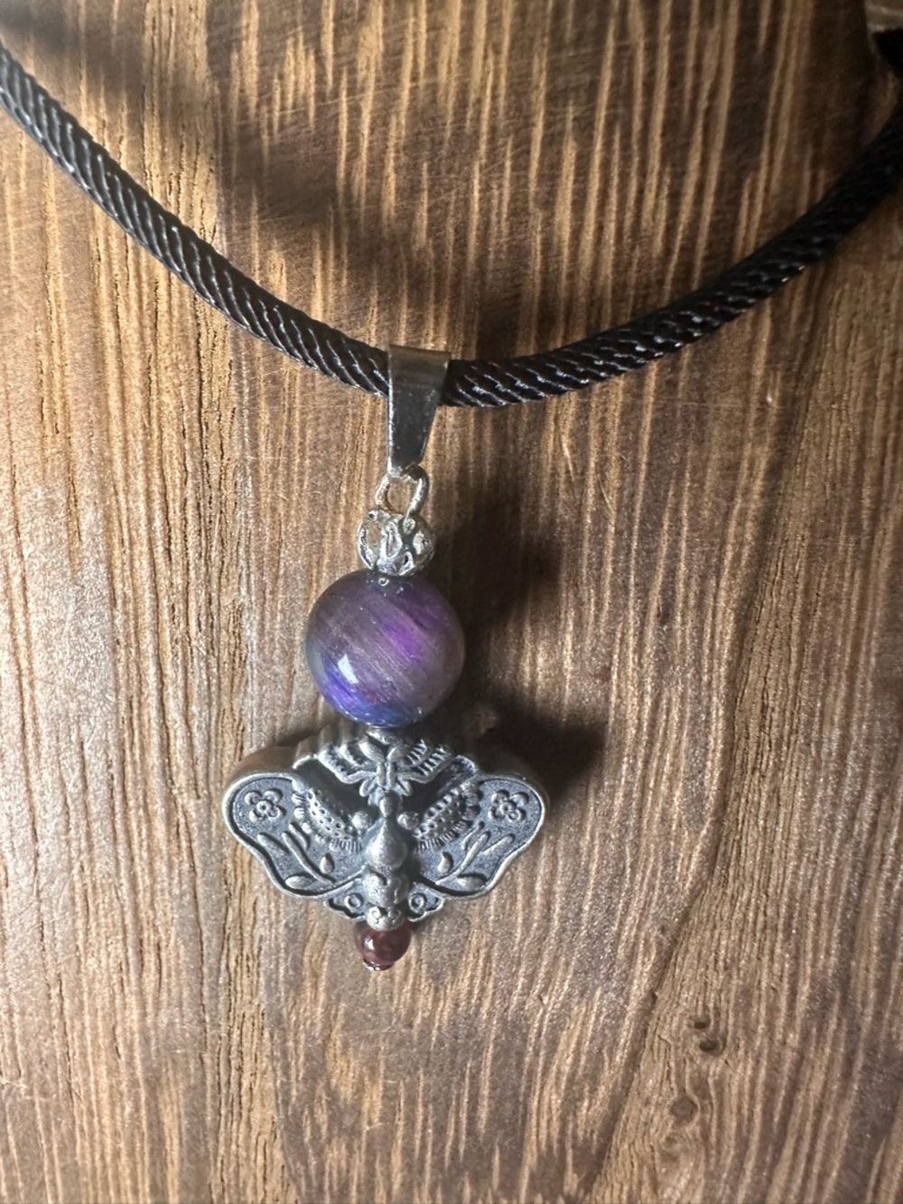 Silver Moth Charm Pendant Necklace with Garnet and Mystic Tiger’s Eye on Rope - Picture 4 of 12